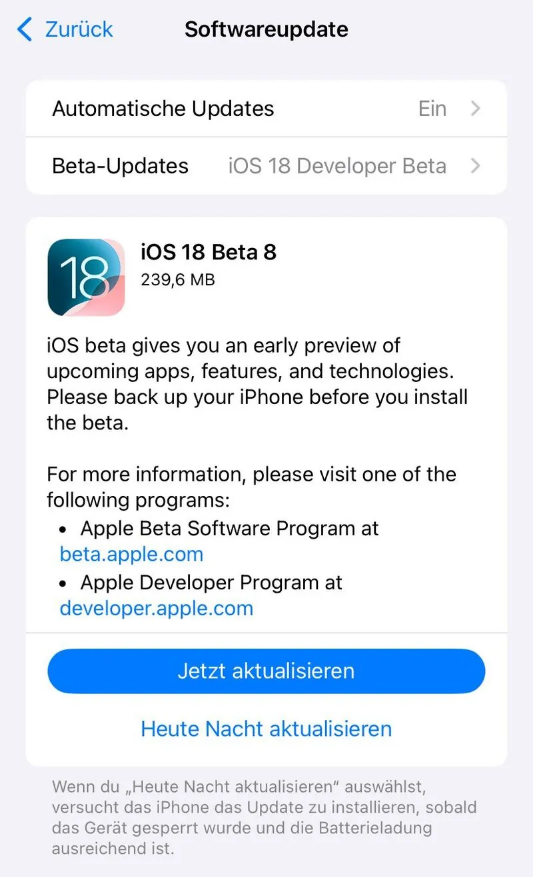 花溪苹果手机维修分享苹果 iOS / iPadOS 18 开发者预览版 Beta 8 发布 